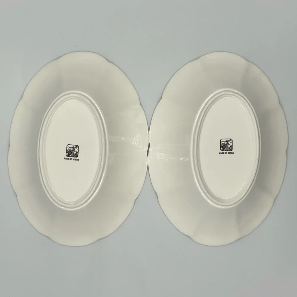 2 Oblong White Scalloped Ceramic Serving Bowls